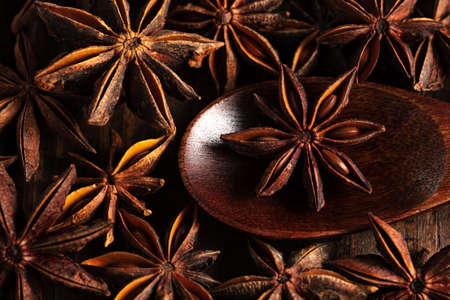 macrophotography of star anise on a wooden background. tubs lies in a wooden spoonの写真素材