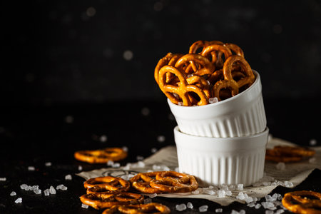 pretzels lie in two cups on a dark background. A large amount of salt is poured on top of the bretzel and scattered around.の写真素材