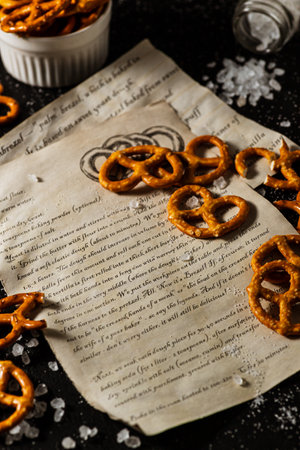 the recipe for making pretzels is written on a piece of paper, next to it lies salt and pretzels.の写真素材