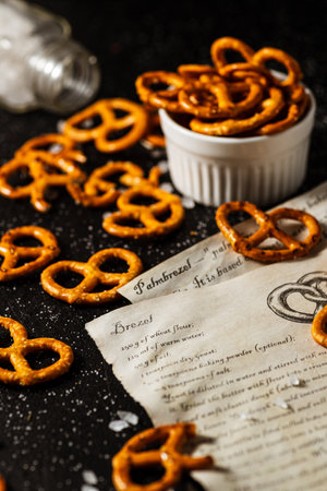 the recipe for making pretzels is written on a piece of paper, next to it lies salt and pretzels.の写真素材