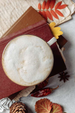 autumn layout. a mug of coffee, apples and spices are lying near the bookの写真素材