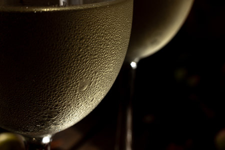 macro photo of two glasses of white wine. glasses with chilled wine in it and condensationの写真素材