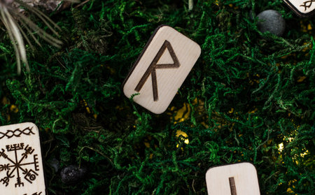 set of wooden runes in a box lie on the moss in the forest. rectangular wooden platforms on which...