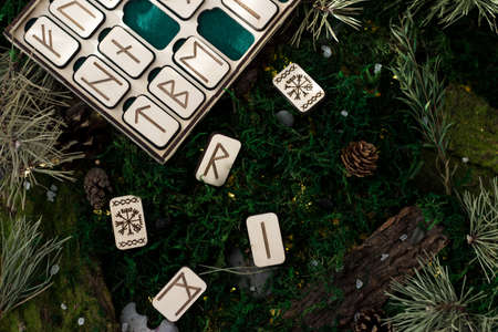 set of wooden runes in a box lie on the moss in the forest. rectangular wooden platforms on which Scandinavian runes are carved lie on green moss surrounded by salt, cones, fir needles and barkの写真素材