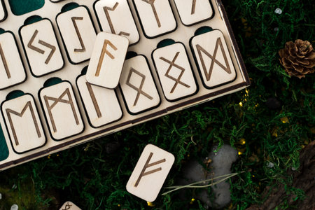 set of wooden runes in a box lie on the moss in the forest. rectangular wooden platforms on which...