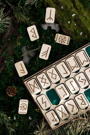 set of wooden runes in a box lie on the moss in the forest. rectangular wooden platforms on which Scandinavian runes are carved lie on green moss surrounded by salt, cones, fir needles and barkの写真素材