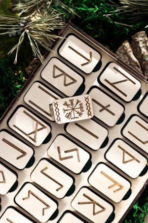 set of wooden runes in a box lie on the moss in the forest. rectangular wooden platforms on which Scandinavian runes are carved lie on green moss surrounded by salt, cones, fir needles and barkの写真素材