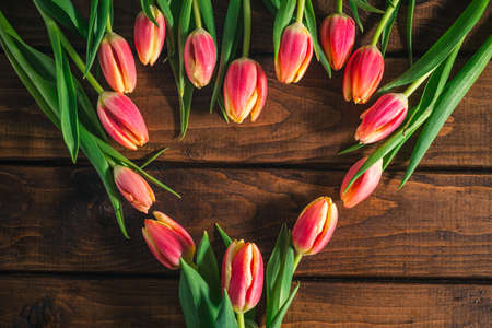 Pink tulips are lying on a wooden table in the shape of a heart.の写真素材