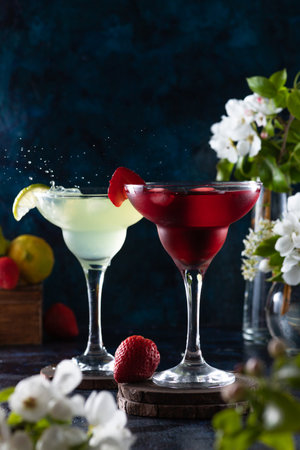 margarita glass is full of drink. margarita cocktail is on the table.の写真素材