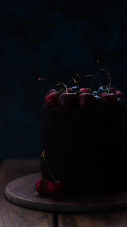 Dark cake with berries on top. A cake decorated with blueberries and cherries.