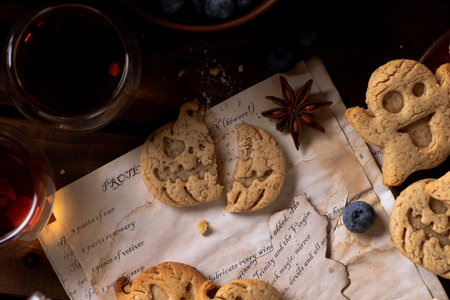 Cookies in the shape of pumpkins and ghosts are in a plate on the table. Next to a teapot and mugs, an autumn still lifeの写真素材