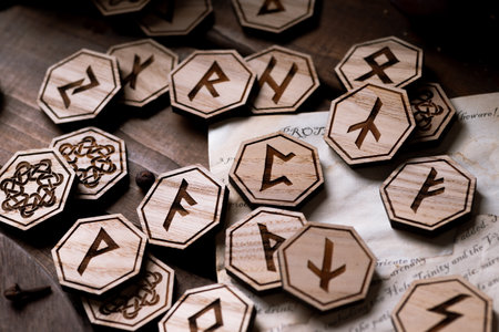 Runes lie on a wooden table next to cookies in the form of pumpkins and ghostsの写真素材
