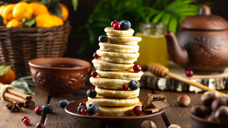 Pancakes with berries are stacked. Pancakes poured with honeyの写真素材