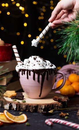 A mug with chocolate streaks and a cap of whipped creamの写真素材
