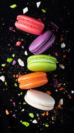 Colorful macaroni cookies with crumbsの写真素材