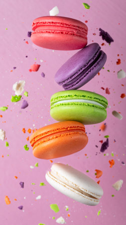 Colorful macaroni cookies with crumbsの写真素材