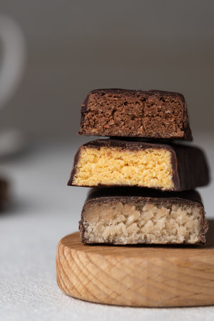 Protein bar cut on the tableの写真素材