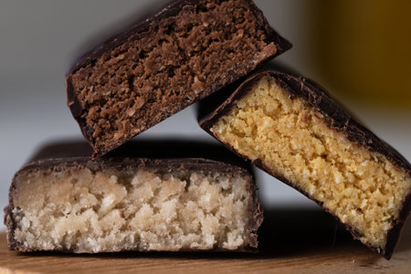Protein bar cut on the tableの写真素材