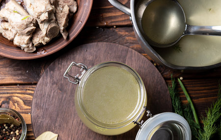 bone broth in a storage jar with herbsの写真素材