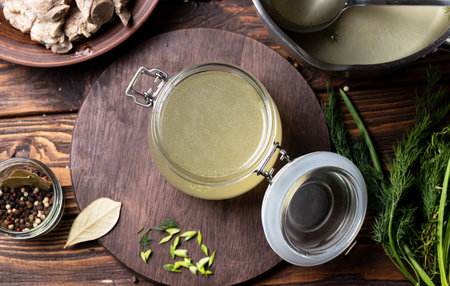 bone broth in a storage jar with herbsの写真素材