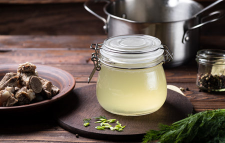 bone broth in a storage jar with herbsの写真素材