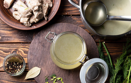 bone broth in a storage jar with herbsの写真素材