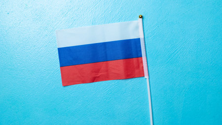 small flag of Russia on a blue backgroundの写真素材