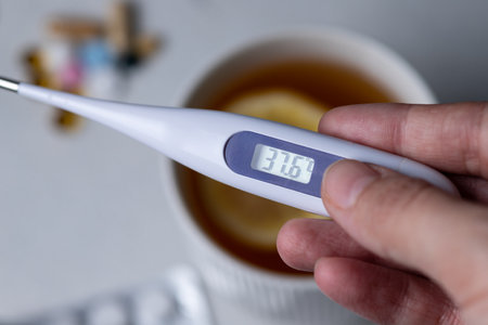 Thermometer and tablets on a white backgroundの写真素材