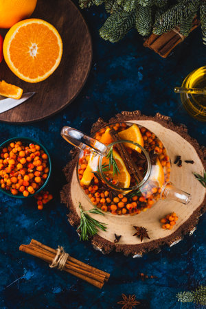 Sea buckthorn tea with spicesの写真素材