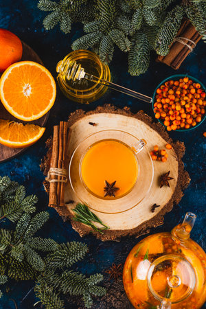 Sea buckthorn tea with spicesの写真素材