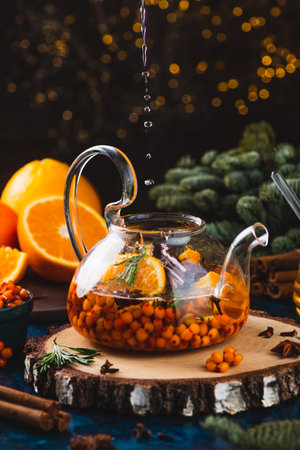 Sea buckthorn tea with spicesの写真素材