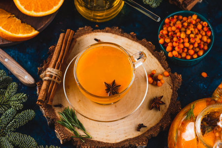 Sea buckthorn tea with spicesの写真素材