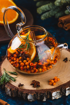 Sea buckthorn tea with spicesの写真素材
