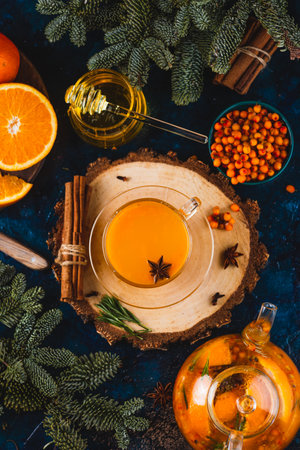 Sea buckthorn tea with spicesの写真素材
