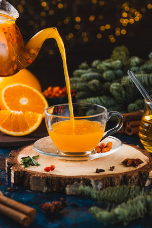 Sea buckthorn tea with spicesの写真素材