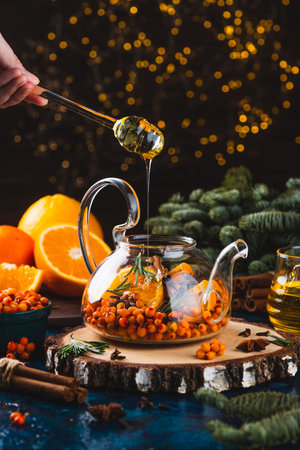 Sea buckthorn tea with spicesの写真素材