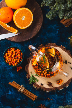 Sea buckthorn tea with spicesの写真素材