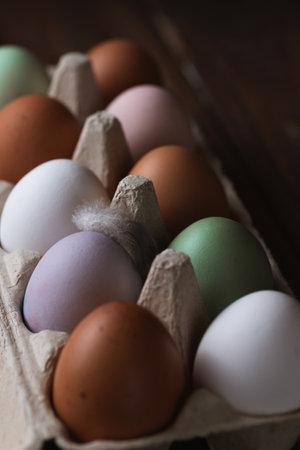 Colorful eggs on a wooden tableの写真素材