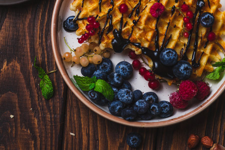 Waffles with berries and chocolate sauceの写真素材