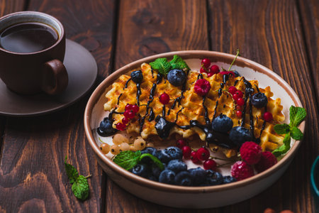 Waffles with berries and chocolate sauceの写真素材