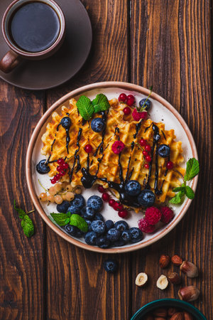 Waffles with berries and chocolate sauceの写真素材