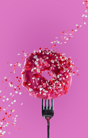 Pink donut with sprinkles with hearts