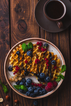 Waffles with berries and chocolate sauceの写真素材