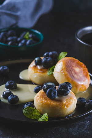 Cheesecakes served with berries and condensed milkの写真素材