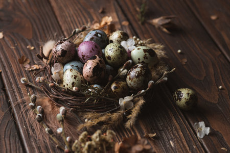 Easter decoration. Painted quail eggs in a nest of twigs and willow