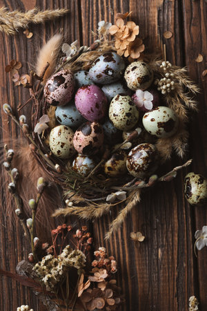 Easter decoration. Painted quail eggs in a nest of twigs and willow