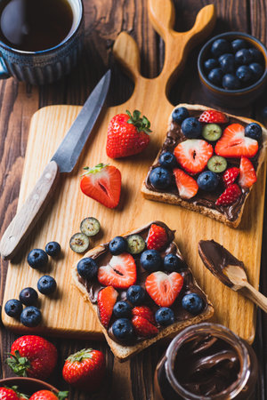 Sandwich with chocolate paste and strawberries and blueberriesの写真素材