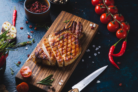 Grilled steak on a serving board