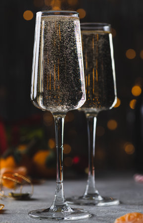 Champagne is poured into a glass from a bottleの写真素材