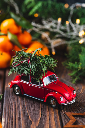 A red toy car with fir branches on the roofの写真素材